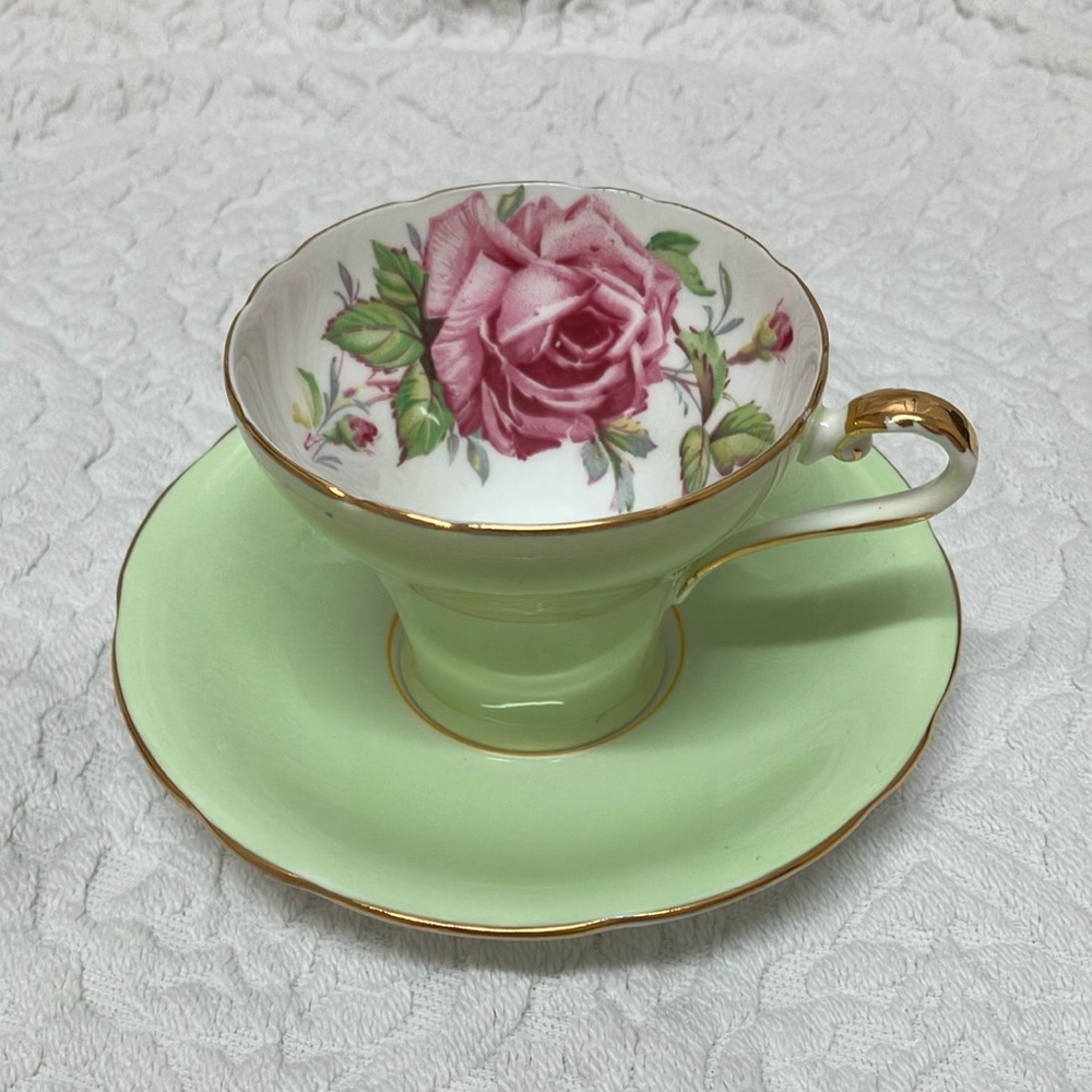 Vintage Aynsley corset 1930s bone china tea cup/saucer, green, pink cabbage rose